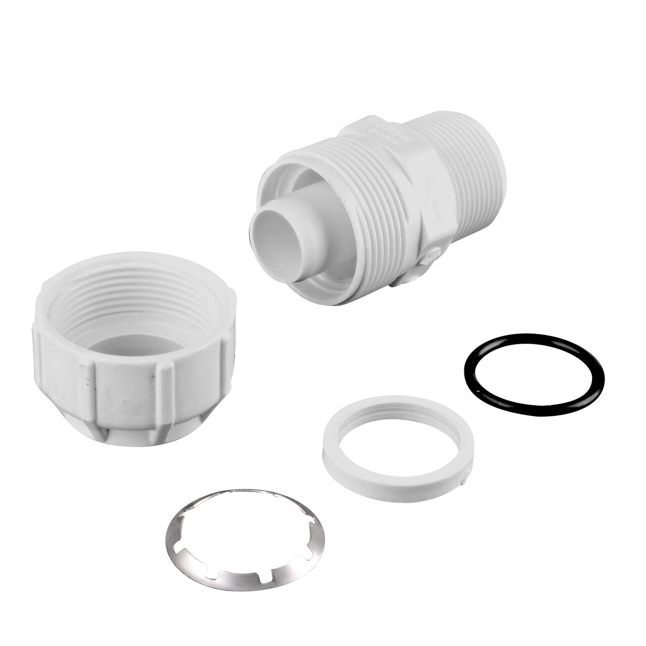 The NDS 1-1/4 in. SDR-9 CTS X 1-1/4 in. MPT Flo-Lock™ Gripper Adapter fully unassembled showing the steel gripper, EPDM O-Ring, and stiffner (NDS 730-12)