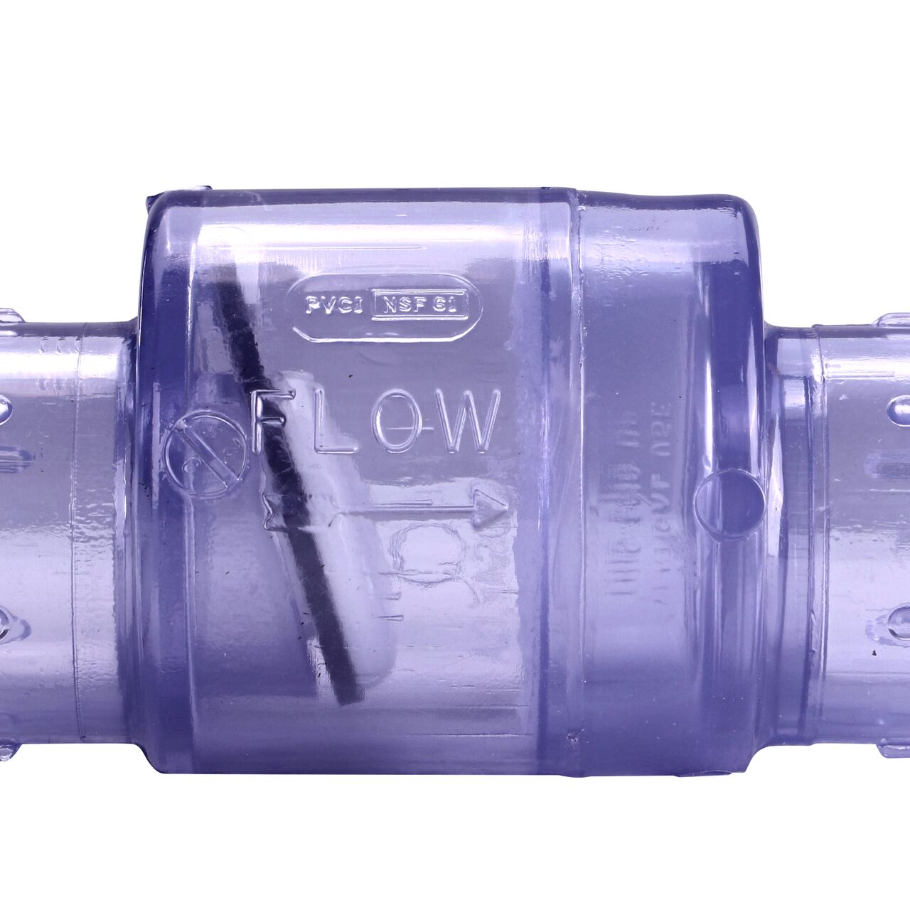 Closeup of the arrow showing water flow direction on the NDS Clear 1 in. slip end by slip end PVC Swing Check Valve (NDS 1520C10)