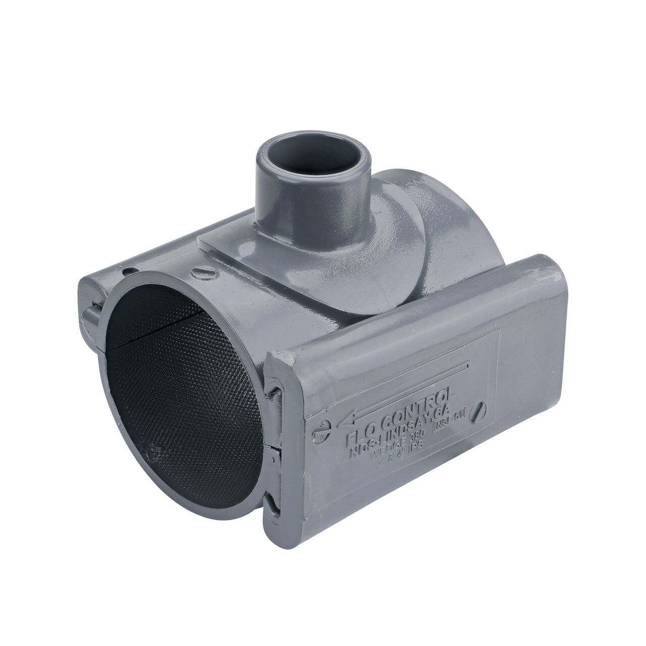 The NDS Clamp-It™ Rigid PVC Saddle with 1 in. slip connection on top (NDS 453010) for 3 in. PVC pipe has a patented wedge design to install a sprinkler irrigation system to existing pipe without any bolts