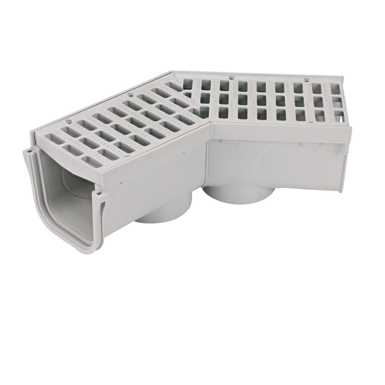 NDS 5 in. Pro Series Deep Profile Channel Drain and Grate with 45° Elbow, in light gray plastic (NDS 862)