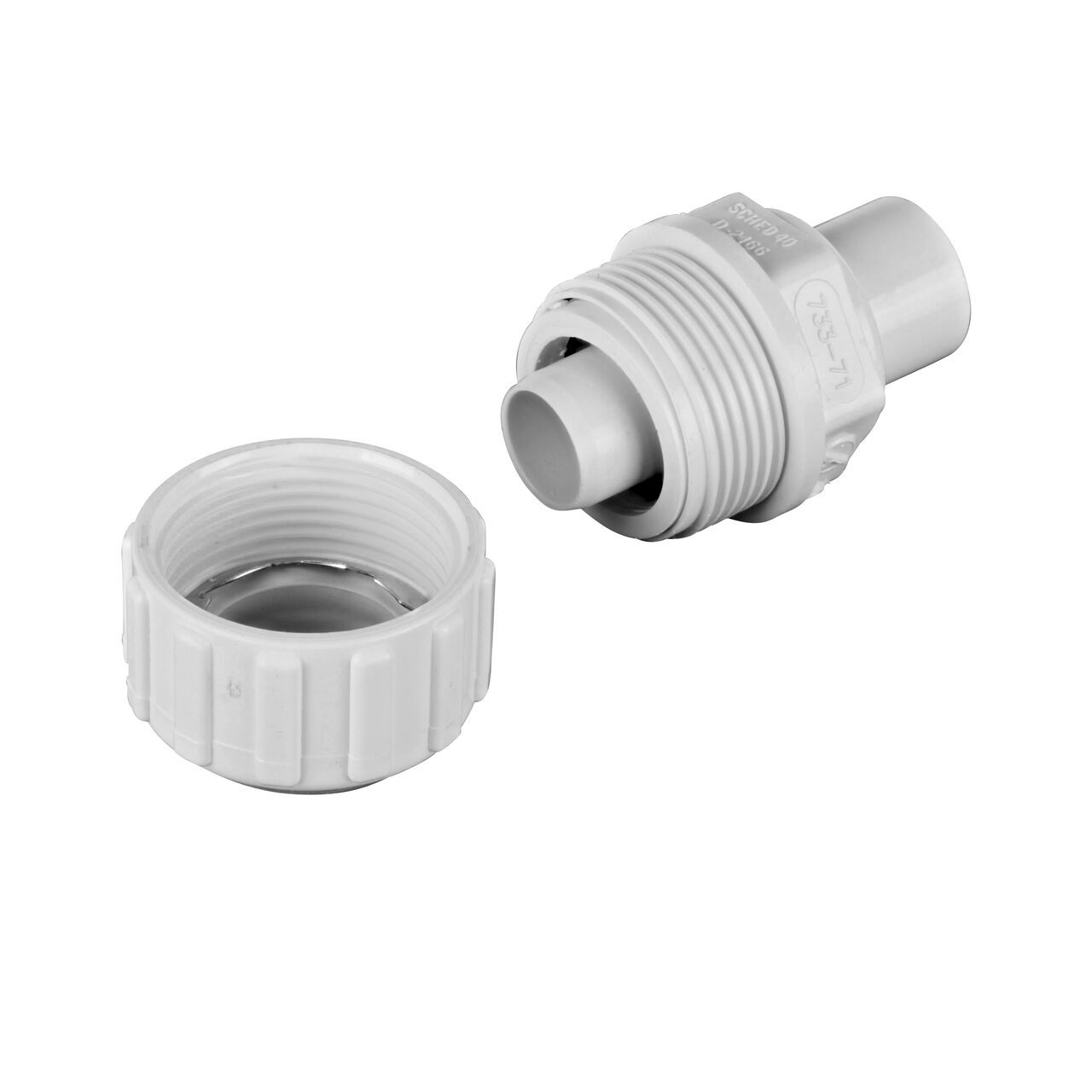 Unassembled NDS 3/4 in. IPS Spigot X 1 in. SDR-9 CTS Flo-Lock™ Gripper Adapter showing where the two ends come apart to secure the adapter to the pipe (NDS 733-71)