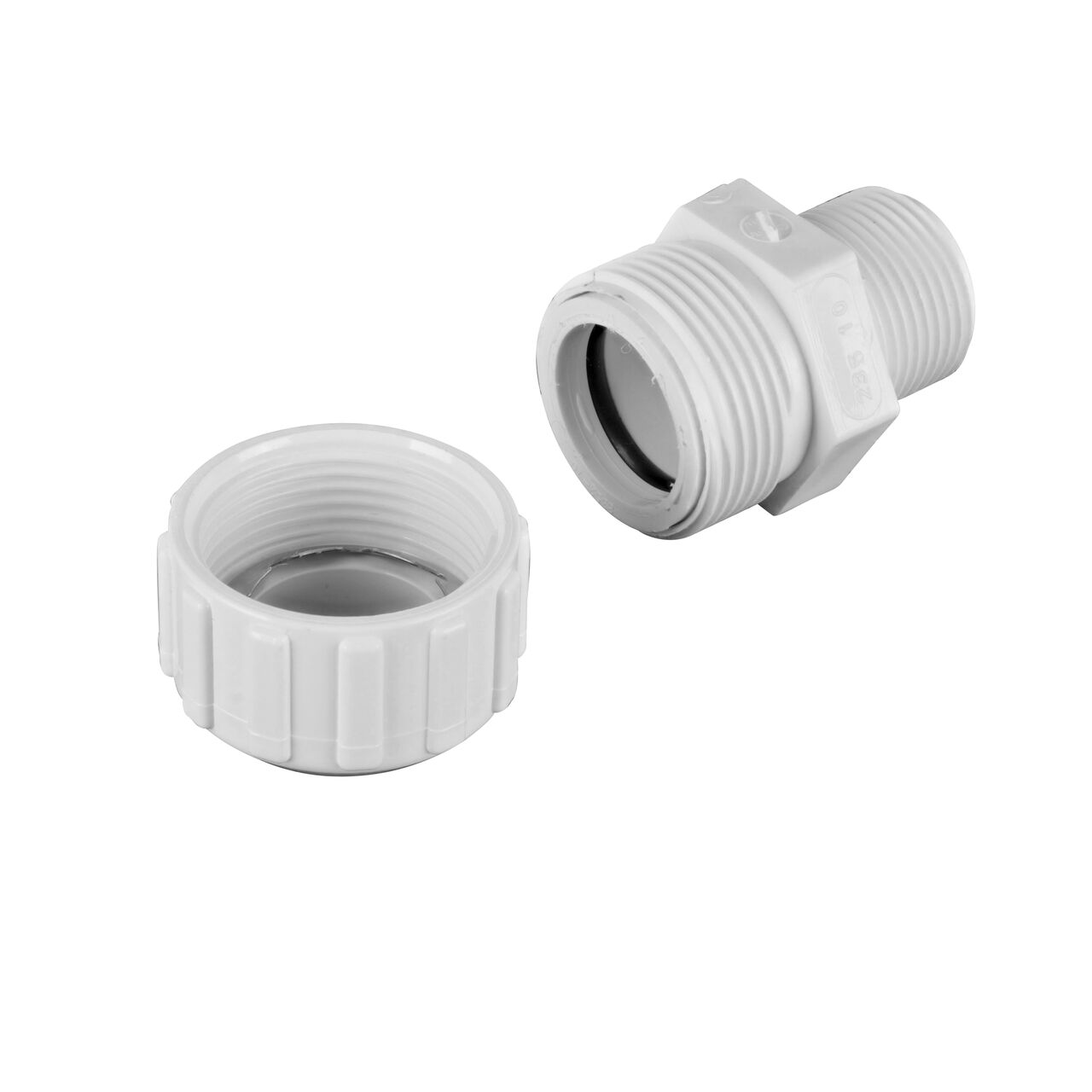 Unassembled NDS 1 in. CTS MPT Flo-Lock™ Gripper Adapter showing where the two ends come apart to secure the adapter to the pipe (NDS 235-10)