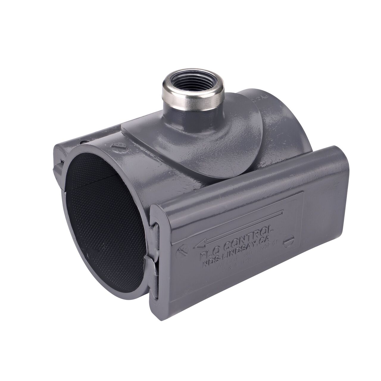 The NDS Clamp-It™ Rigid PVC Saddle with 3/4 in. FPT connection on top (NDS 443007) for 3 in. PVC pipe has a patented wedge design to install a sprinkler irrigation system to existing pipe without any bolts