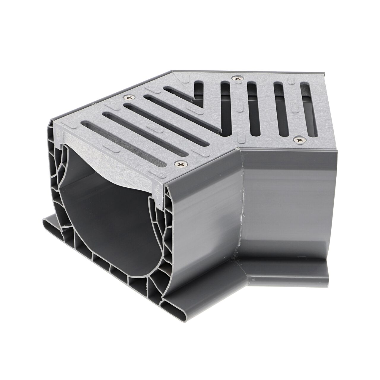 Hero shot of Spee-D® Channel Drain and Grate with 45° Elbow, Gray Plastic (NDS 2301) which can be used with the Spee-D Channel Drain system