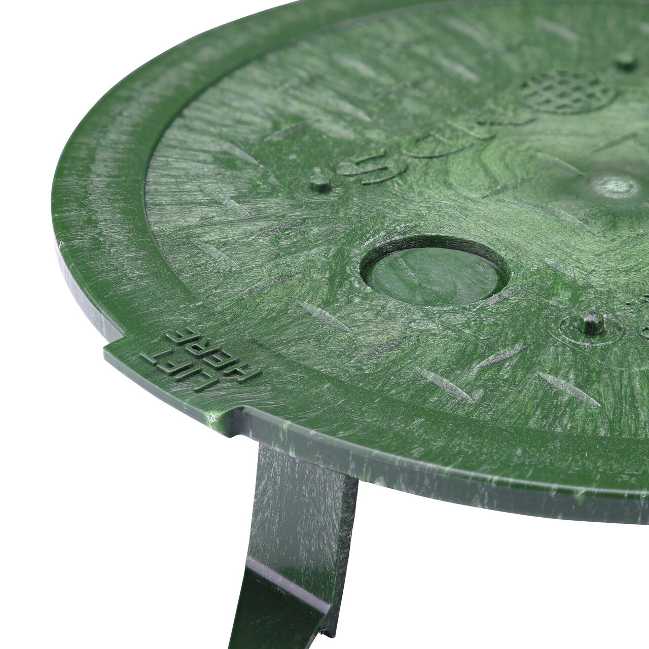 Closeup of the 6 in. Round SureFit Universal Valve Box Lid Lift Tab to lift cover for removal (NDS 6RND-UC)