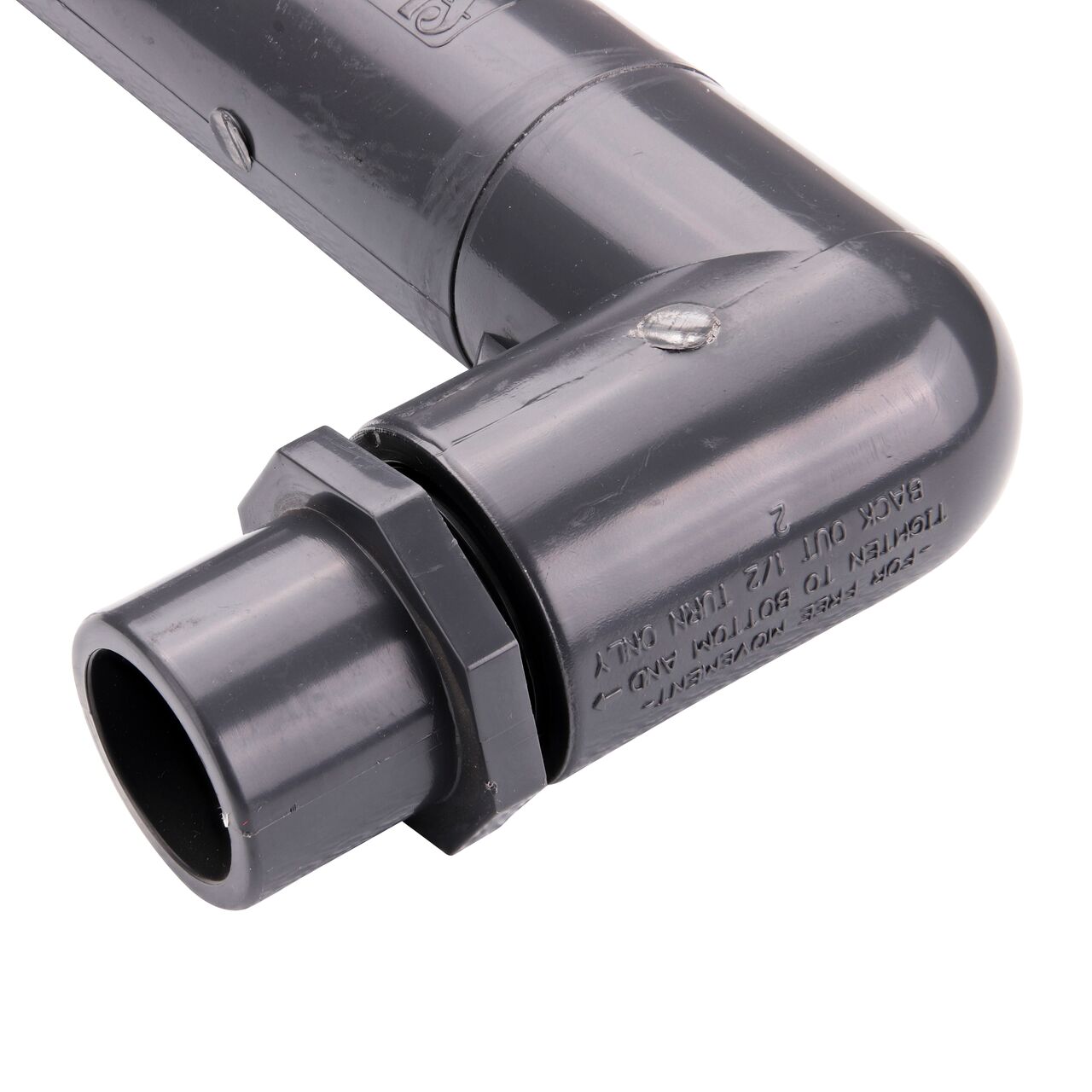 Closeup view of the 1/2 inch spigot end on NDS PVC Triple Swing Joints Assembly, Sch. 80 1 in. spigot X 1 in. MPT that connects pipe for subsurface irrigation and sprinkler applications (NDS TSA-1000-ST)