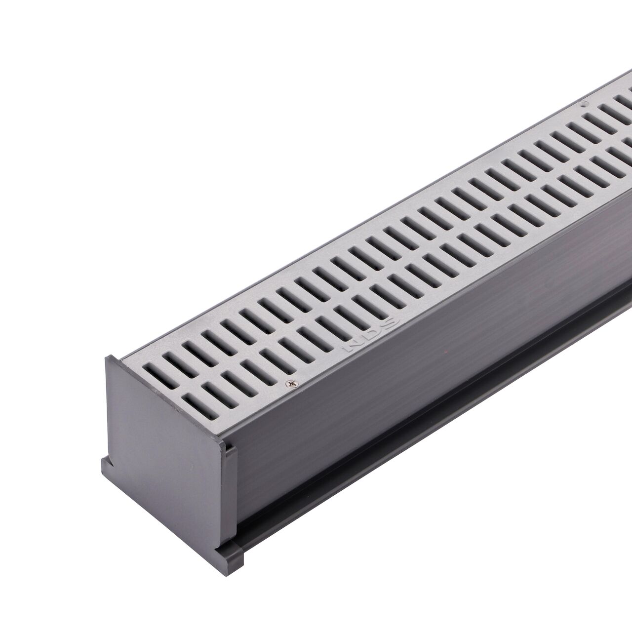 The NDS Mini Channel™ Drain End Cap (NDS 547*, NDS 547) installed on the end of the Mini Channel Drain (NDS 500) with a gray grate (NDS 541, NDS 541-1*)