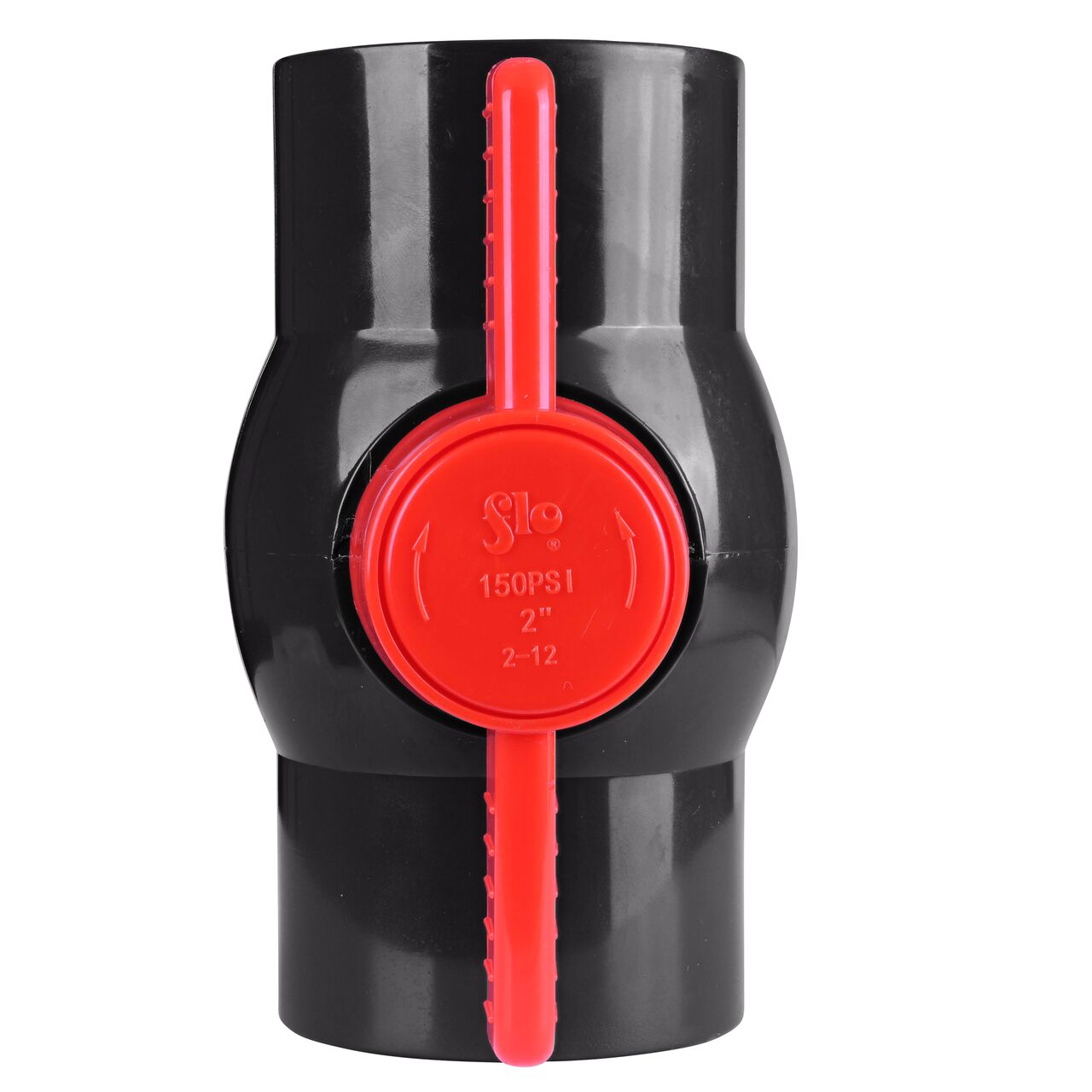 Closeup of the NDS IPS Ball Valve showing that the handle is made of durable PVC material perfect for irrigation or other pressurized system (NDS E1620-20)