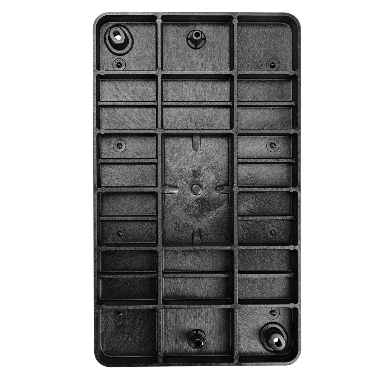 Top down view of the underside side of the Black Water Meter cover (NDS 121BCDWB) for the NDS 13 in. X 24 in. Rectangular Pro Series Meter box, showing reinforcing ribs that are load rated to withstand pedestrian traffic and the rigors of lawn care equipment