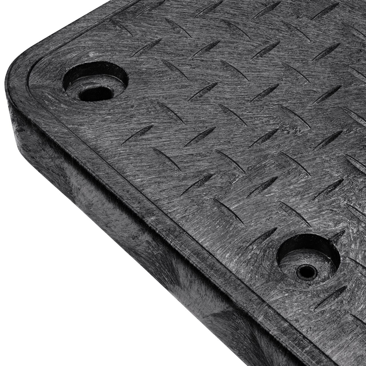 Closeup view of the Cast Iron reader door opened with the finger hole on the NDS Black Water Meter Drop-In cover (NDS 123CDMCIF) for the NDS 17 in. X 30 in. Rectangular Pro Series Meter Box