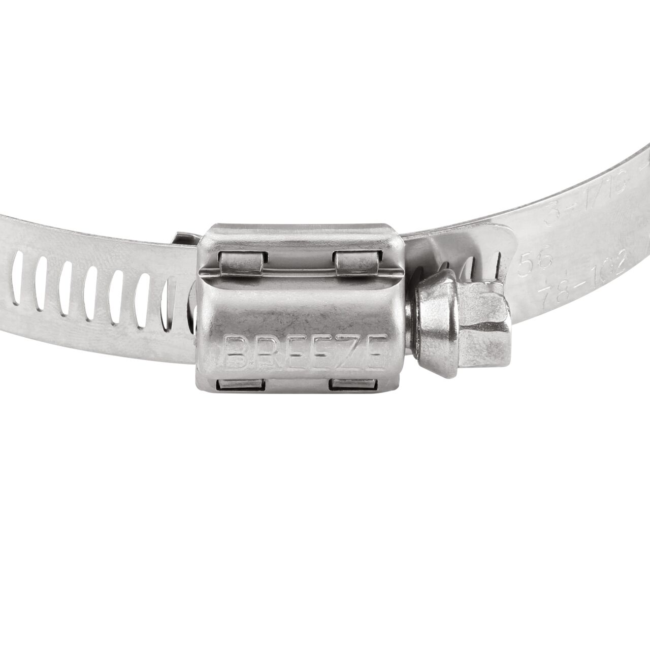 Closeup view of the two-piece clamp housing made of Series 300 Stainless Steel on the NDS SAE 56 Worm Drive Hose Clamp with Aero Seal 1/2 in. band width (NDS 64056H)