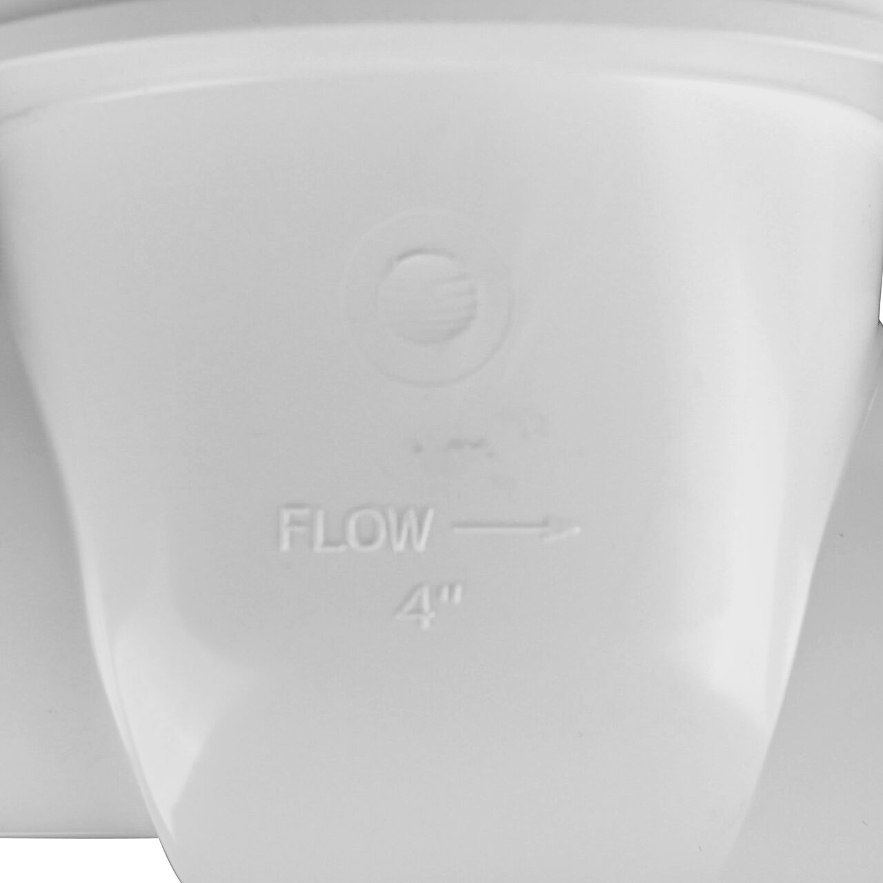 Closeup of the outside part of the NDS White PVC 4 in. Backwater Valve with stamped arrow showing the direction in which the water will flow (NDS 475P)