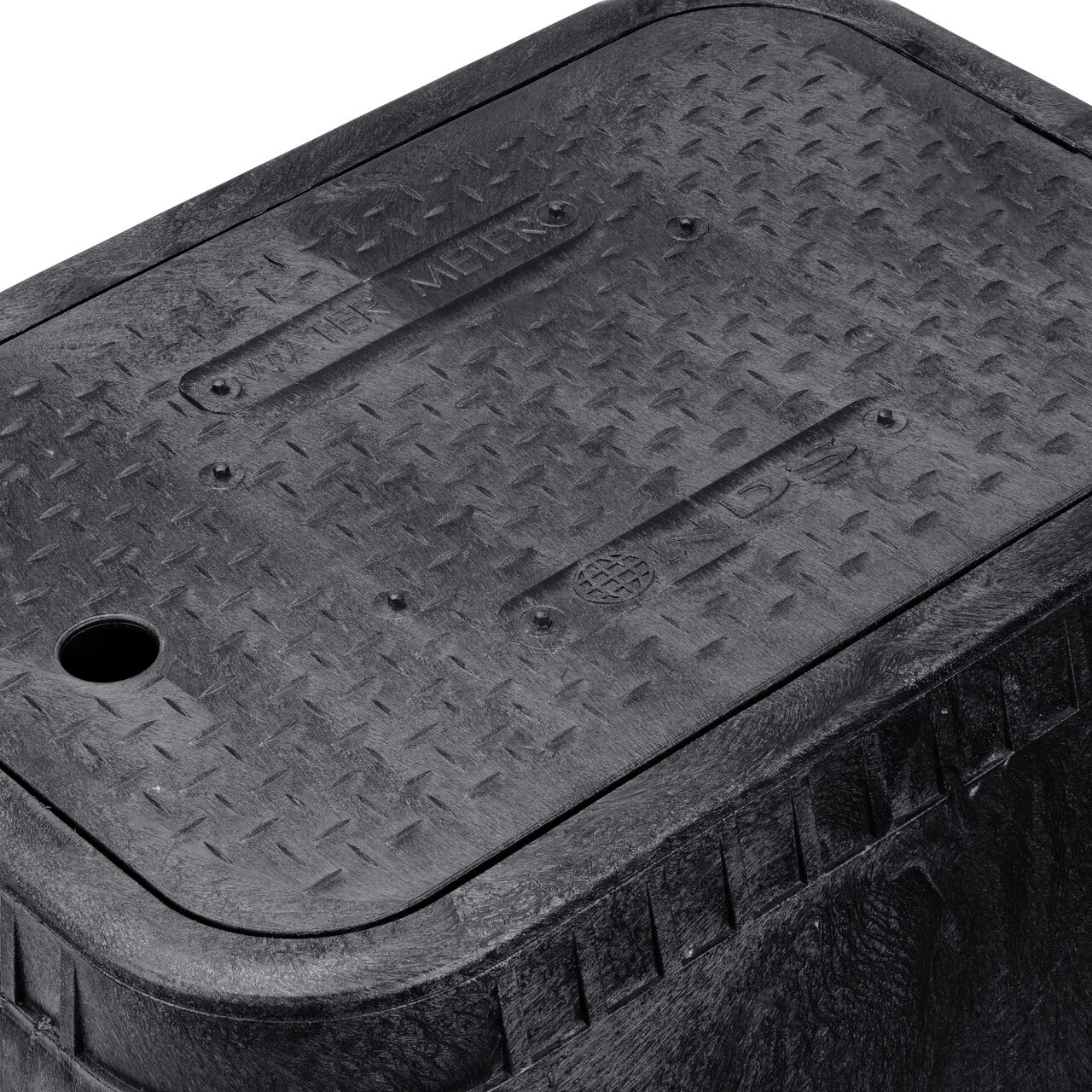 Closeup view of the Water Meter markings on the Black Water Meter cover for the NDS 14 in. X 19 in. Rectangular Standard Series Meter Box (NDS D1800-DISB)