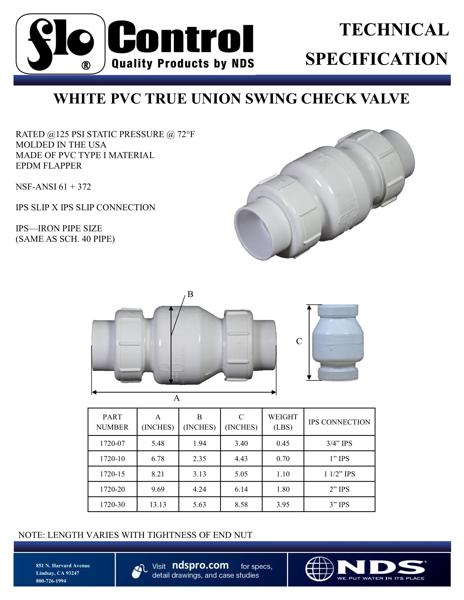 NDS True Union Swing Check Valves White Tech Spec