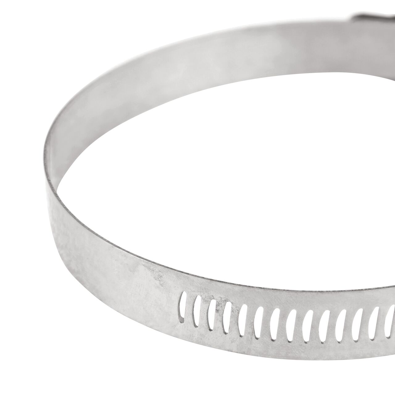 Closeup view of the arcial perforated slots in band for added strength and smoother engagement on the NDS SAE 56 Worm Drive Hose Clamp with Aero Seal 1/2 in. band width (NDS 64056H)