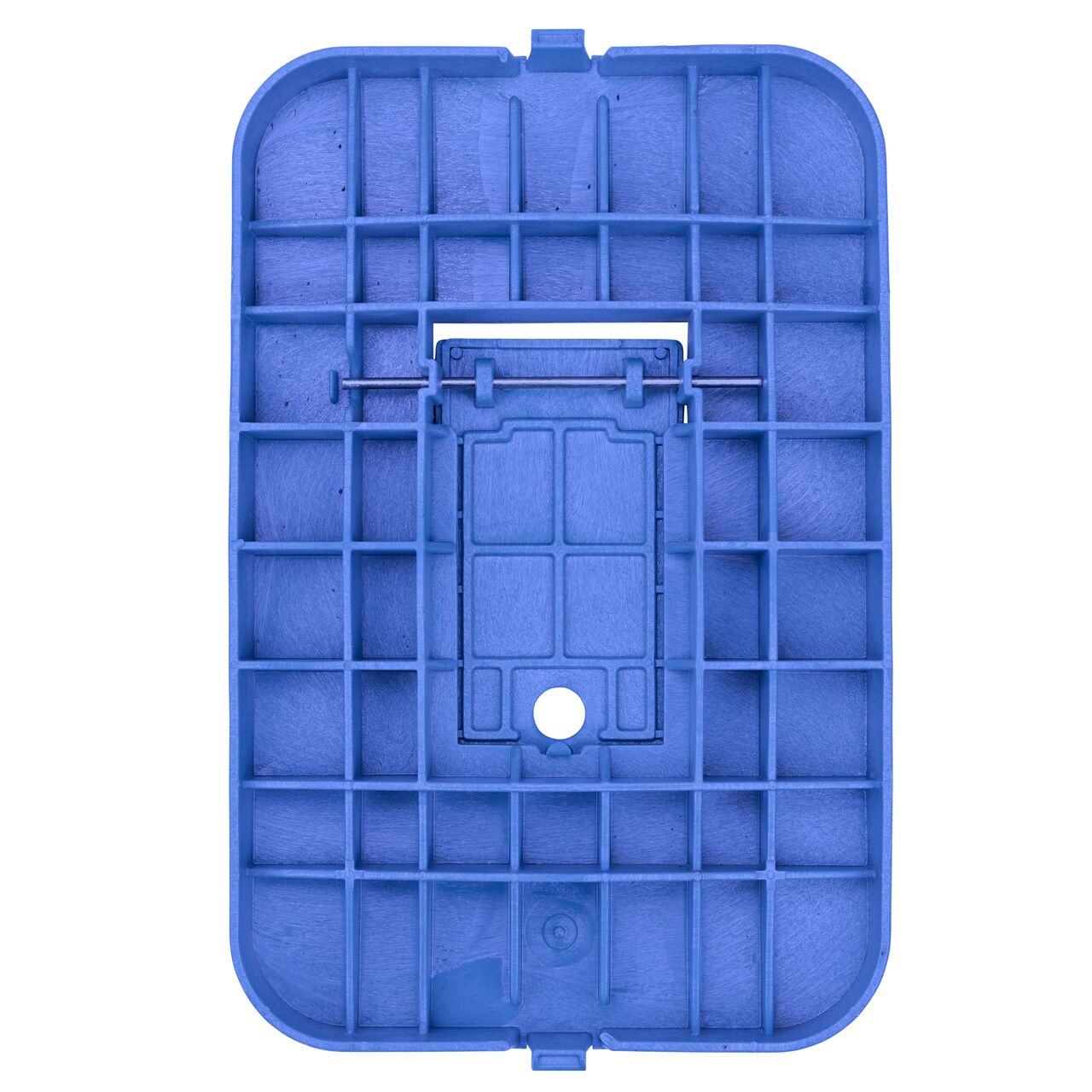Top down view of the underside of the Blue Water Meter cover (NDS D1200-DIBLRDL) for the NDS 14 in. X 19 in. Rectangular Standard Series meter box showing reinforcing ribs that help support pedestrian and lawn care equipment and hinged Plastic reader door