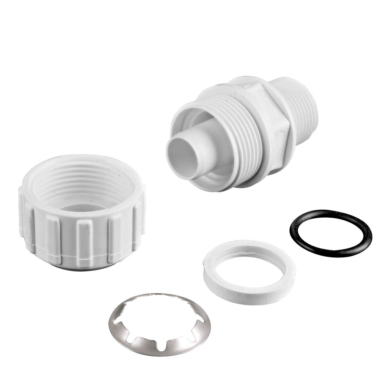 The NDS 1 in. SDR-9 X 1 in. MPT Flo-Lock™ Gripper Adapter fully unassembled showing the steel gripper, EPDM O-Ring, and stiffner (NDS 730-10)