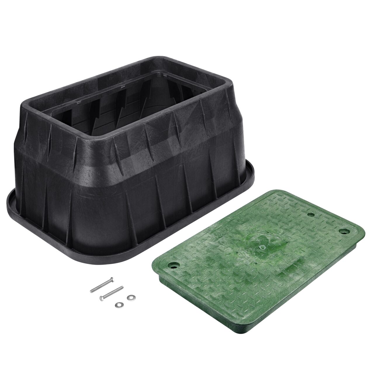 Unassembled View of the NDS 13 in. X 24 in. Black Rectangular Pro-Spec® Series valve box , bolt, and Green Irrigation Control Valve Overlapping cover (NDS 325BCB)