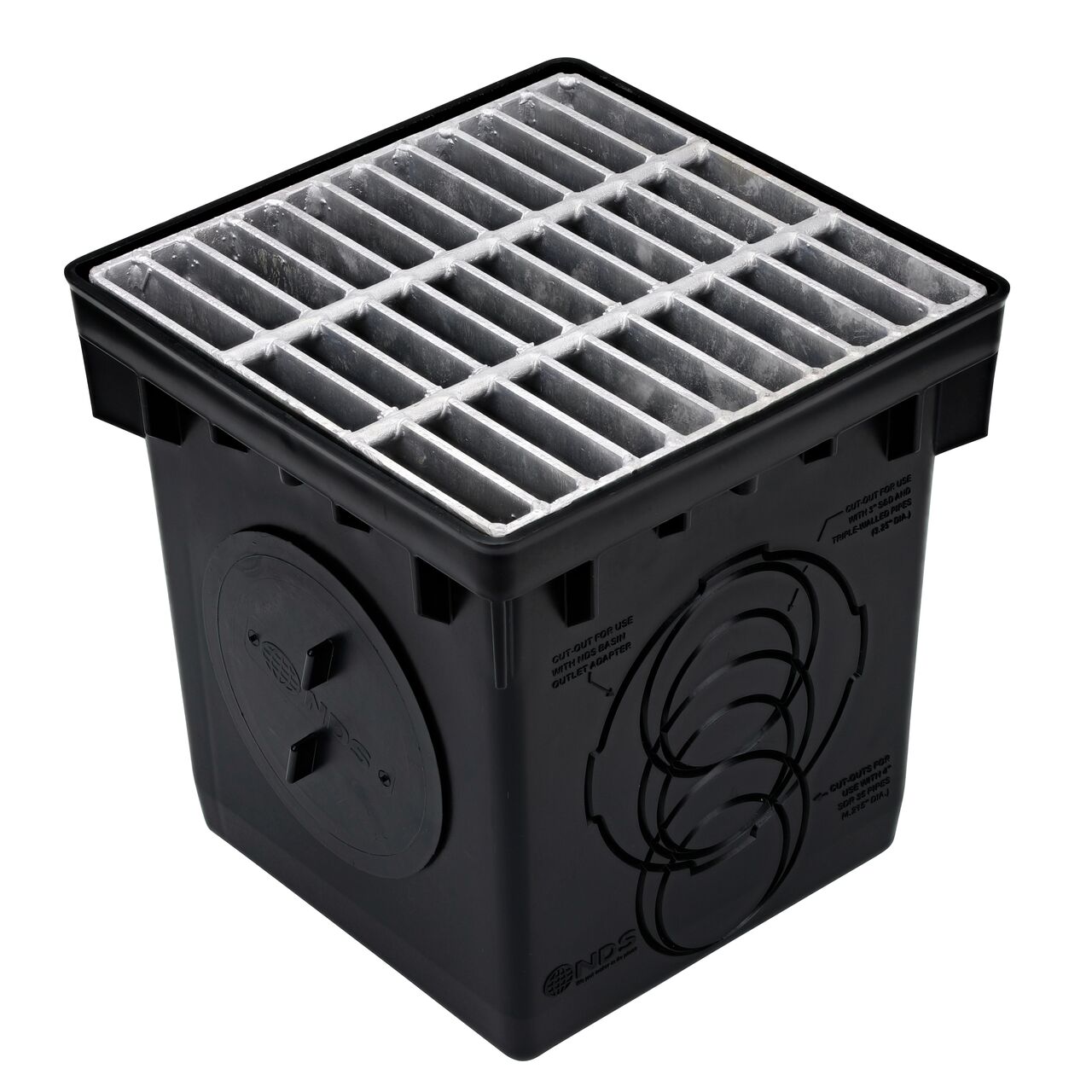 Use the outlet plug to block water flow in the NDS black plastic 12 in. Catch Basin Drain Kit with Galvanized Steel Grate (NDS 1200MTLKIT)