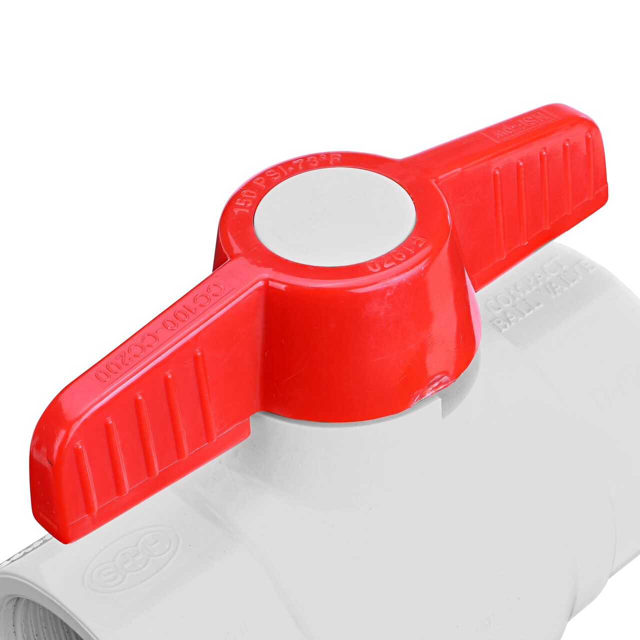 Closeup of the NDS IPS Ball Valve showing the handle that rotates two ways to control water flow (NDS E1420-20)
