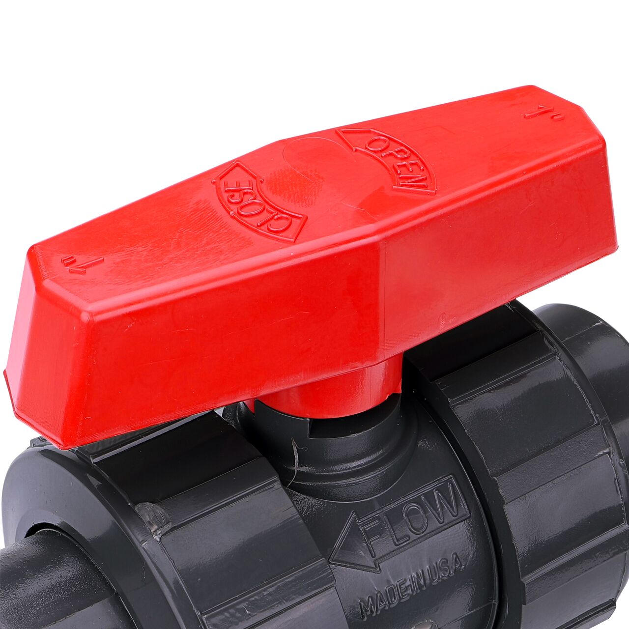 Closeup view of the easy to turn, two-sided handle on the 1 in. PVC Slip & Threaded True Union Ball Valve (NDS BTU-1000-E)