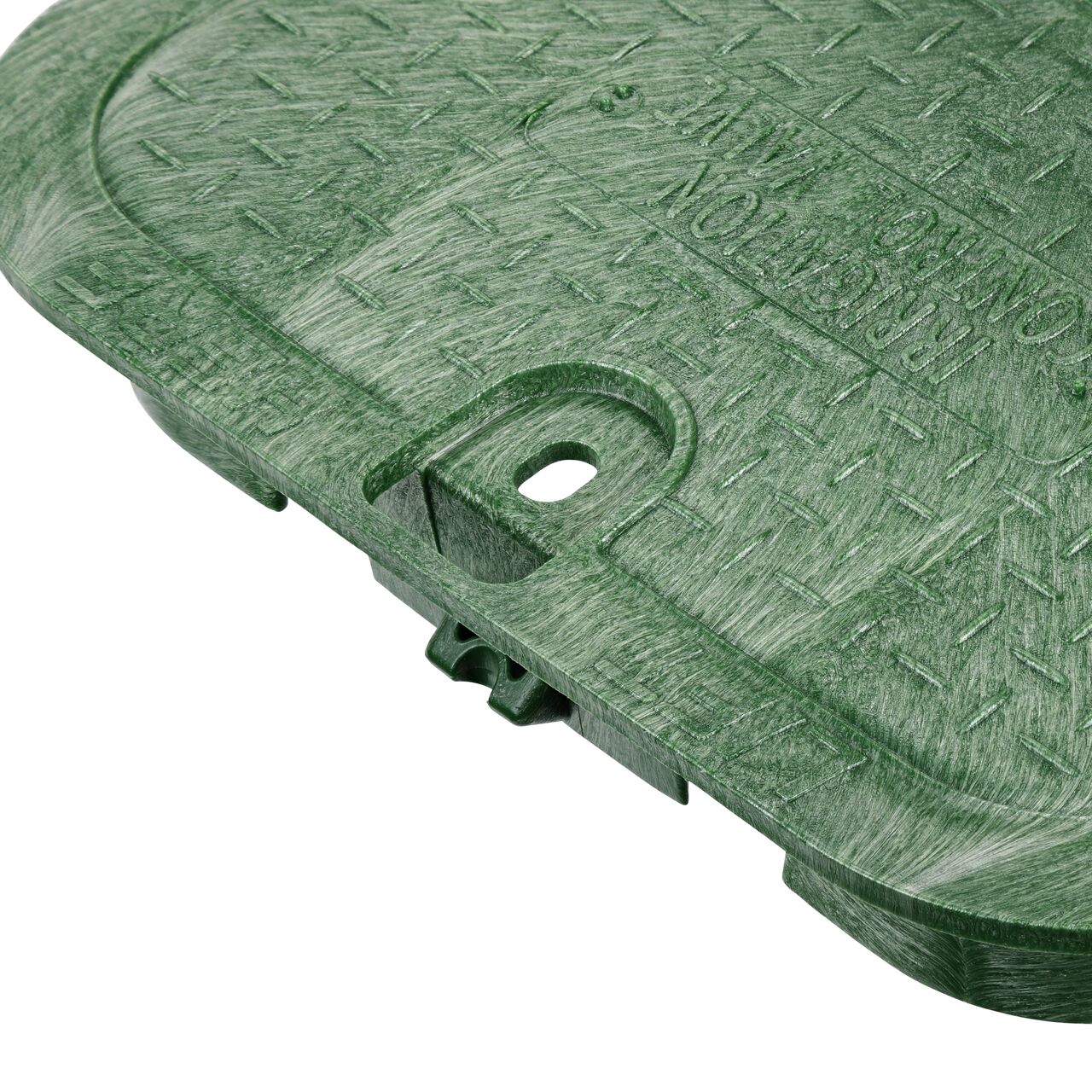 Closeup view of the bolt hole on the NDS 14 in width and 19 in. length Rectangular Series Valve Box Cover (NDS 313C) for securing valve lid or cover to the valve box