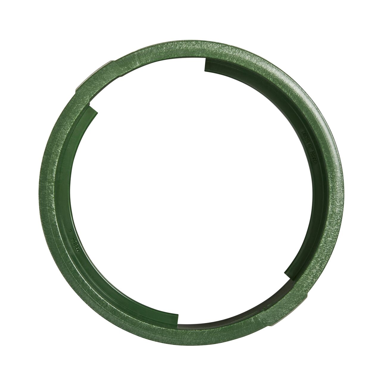 Top down view of the top inside of the durable Green plastic 6 in. Round Standard Series Valve Box (NDS 2108B) showing bolt hole, and twist and lock feature to secure the valve cover to the valve box