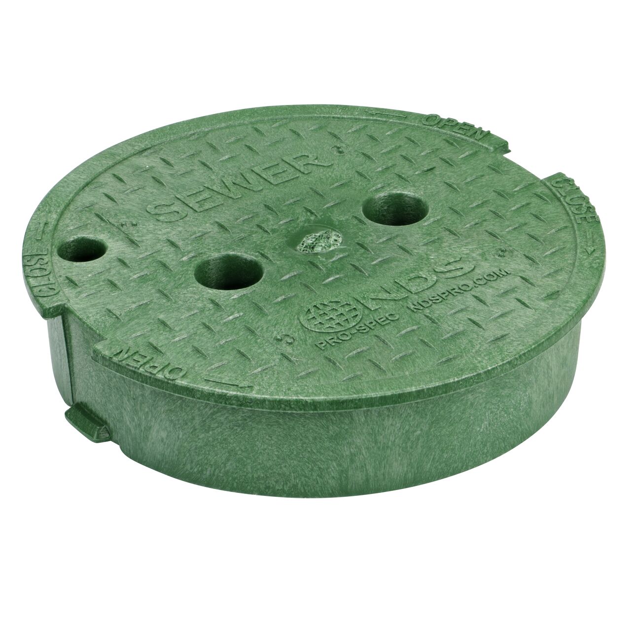 This NDS 10 in. Round Pro-Spec® Series Valve Box Cover is a Green Cover with Sewer Water markings on the lid and fits NDS Pro-Spec® Series 10 in. valve boxes (NDS 311CS)