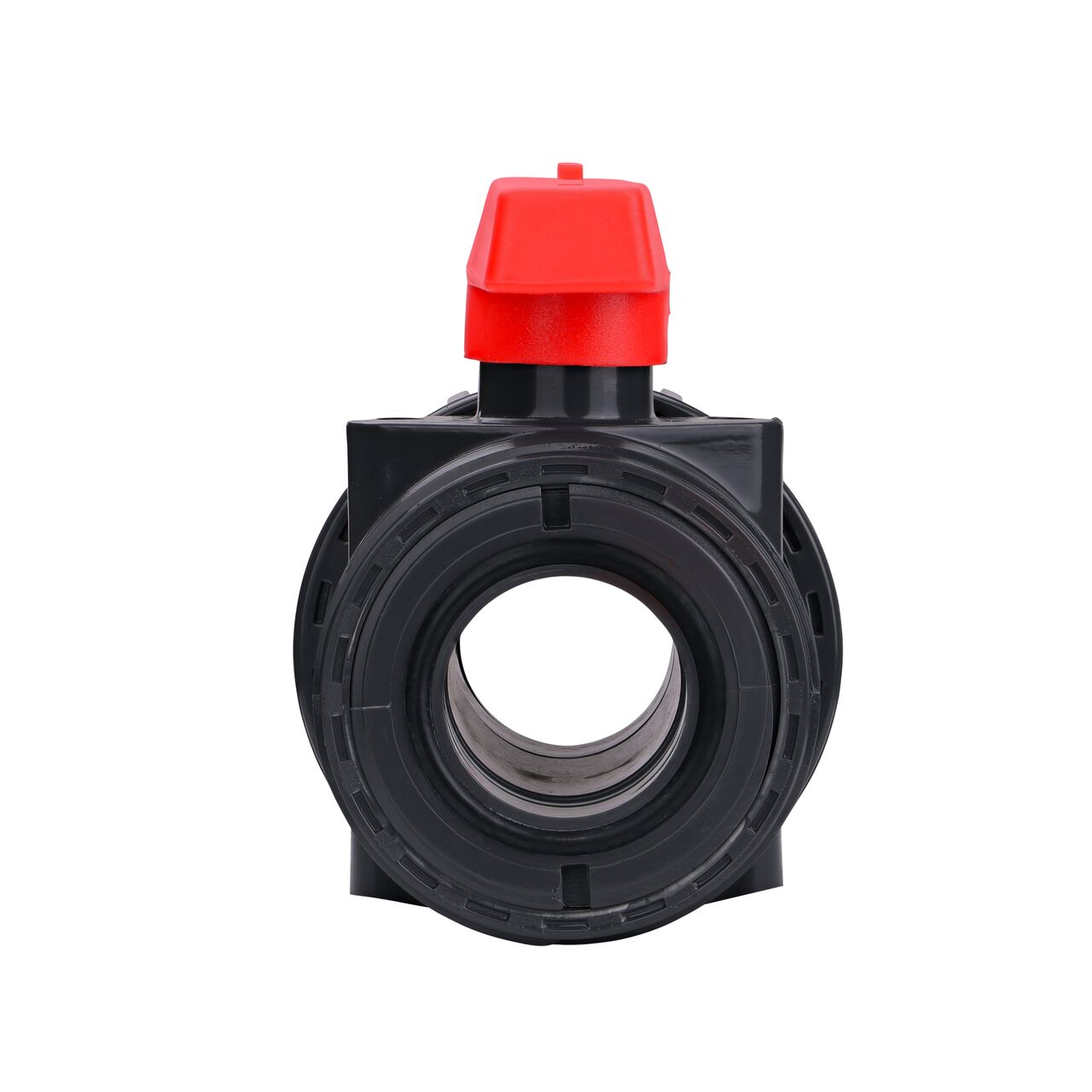 The The 2 in. PVC Slip & Threaded True Union Ball Valve shown with the connection end removed and with the handle in the open position to allow water to convey through the pipe.