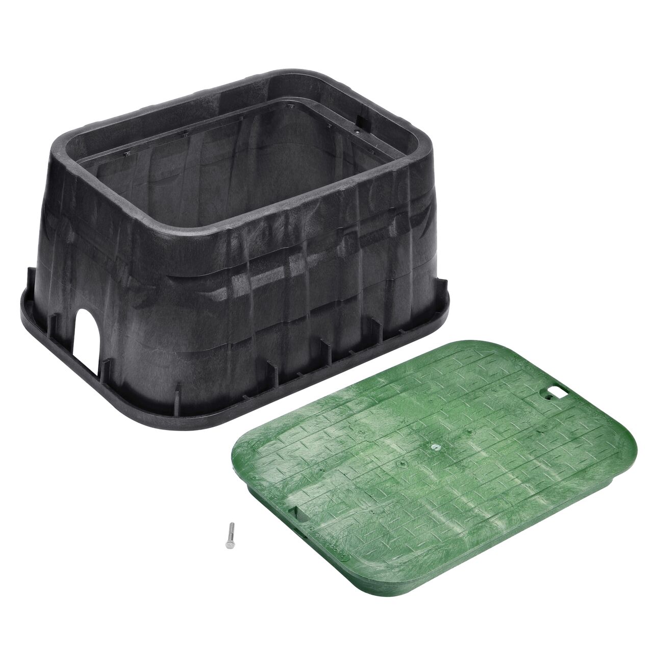 Unassembled View of the NDS 14 in. X 19 in. Rectangular Pro-Spec® Series Black box and Green Irrigation Control Valve cover with bolt (NDS 317BCB), that secures the drop-in/overlapping lid onto the box