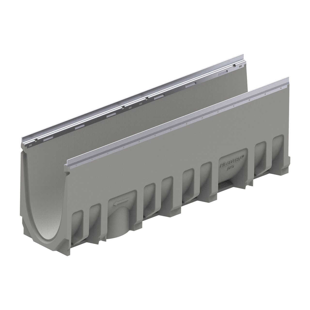 The female interlocking end of the constant depth channel 20-0 BG-FILCOTEN® by NDS® pro V 200 Trench Channel Drain with Galvanized Steel Rails, an 8 in. wide trench drain with high-load capacity made of high-performance concrete (HPC)
