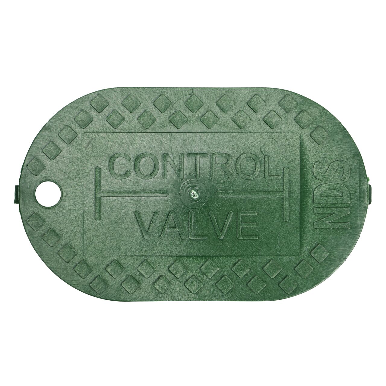 Top down view of the top side of the Green Control Valve drop-in cover (NDS M2-SG-LID) for the NDS 8 in. X 12 in. Oval Standard Series
