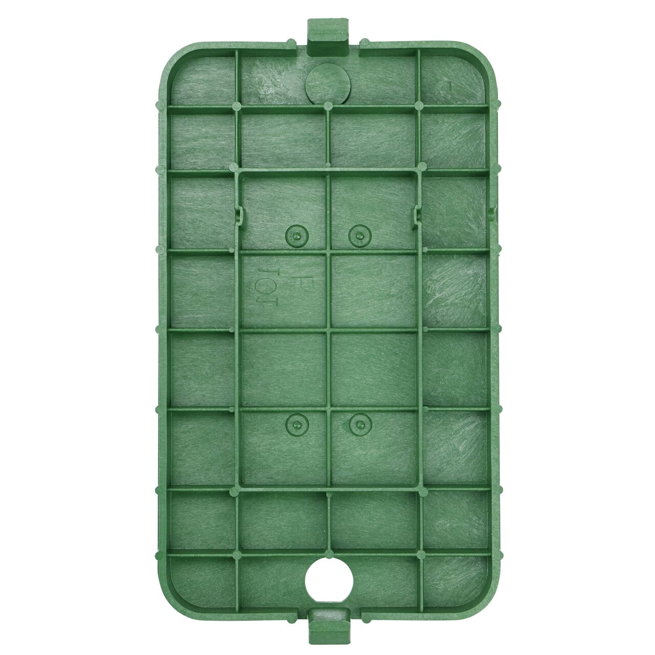 Top down view of the underside of the Green Irrigation Control Valve cover (NDS D1000-SGL) for the NDS 10 in. X 15 in. Rectangular Standard Series meter box showing reinforcing ribs that help support pedestrian and lawn care equipment