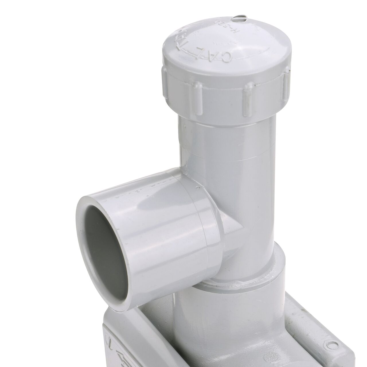 Closeup view of the 1-1/2 in. socket or 2 in. spigot hot/wet tap connection point on the 2 in. NDS Flo-Tap™ Rigid PVC saddle with 1-1/2 in. socket or 2 in. spigot (NDS 3220)