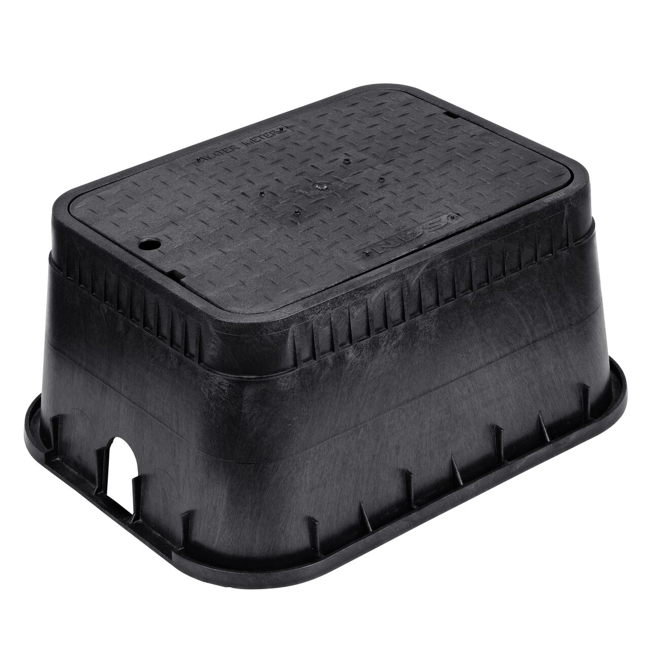 The NDS 13 in. X 20 in. Rectangular Standard Series Meter Box and Cover is a 12 in. high Black Box and Black Cover with Water Meter markings on the Drop-In lid (NDS D1500-DISB) with a Plastic reader door and protects underground irrigation and sprinkler system components and keeps them out of sight