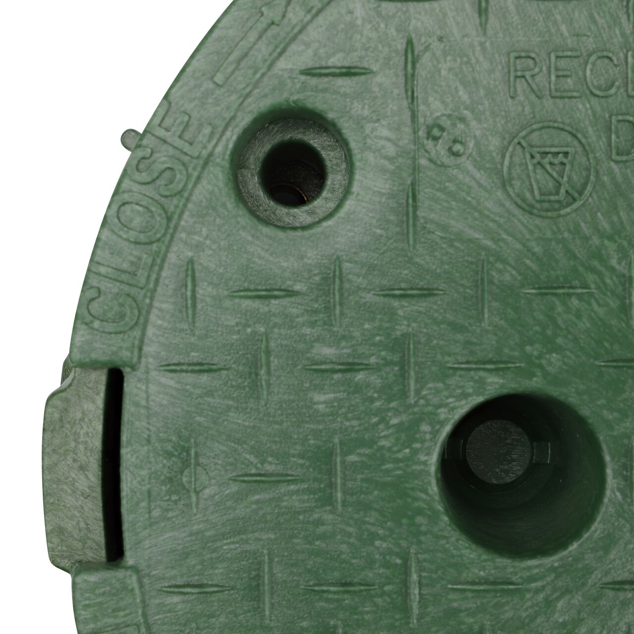 Closeup view of the Green box and Green cover fully assembled, showing locking tabs, bolt hole connection point and reinforced edges on the side of the NDS 10 in. Round Pro-Spec® Series Box (NDS 312BCRG)