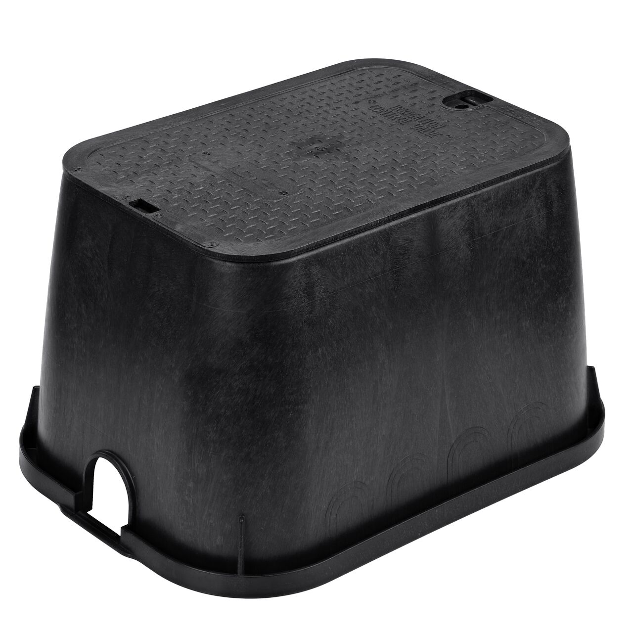 The NDS 14 X 19 in. Rectangular Standard Series Valve Box and Cover with Bolt is a 12 in. high Black Box and Black Cover with Irrigation Control Valve markings on the overlapping lid (NDS 113BCBLK) and protects underground irrigation and sprinkler system components and keeps them out of sight