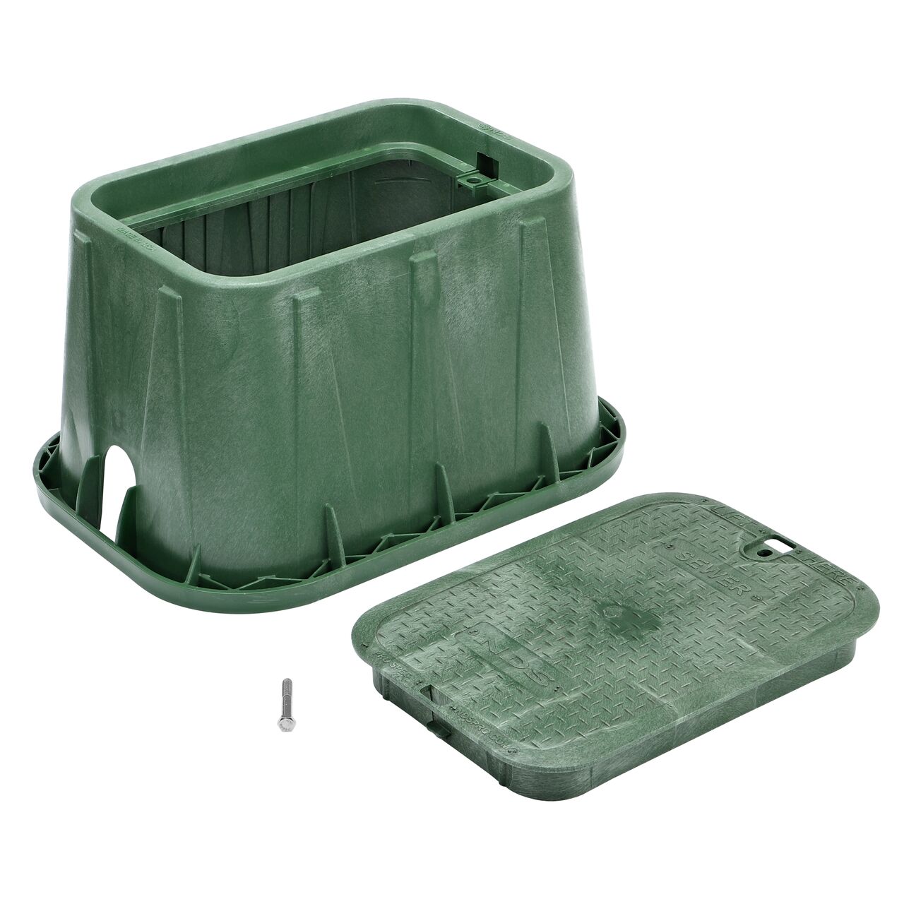 Unassembled View of the NDS 14 in. X 19 in. Green Rectangular Pro-Spec® Series valve box, bolt, and Green Sewer Drop-in cover (NDS 314BCBS) with universal locking mechanism enabling a variety of bolts and screws to be used to secure the covers.