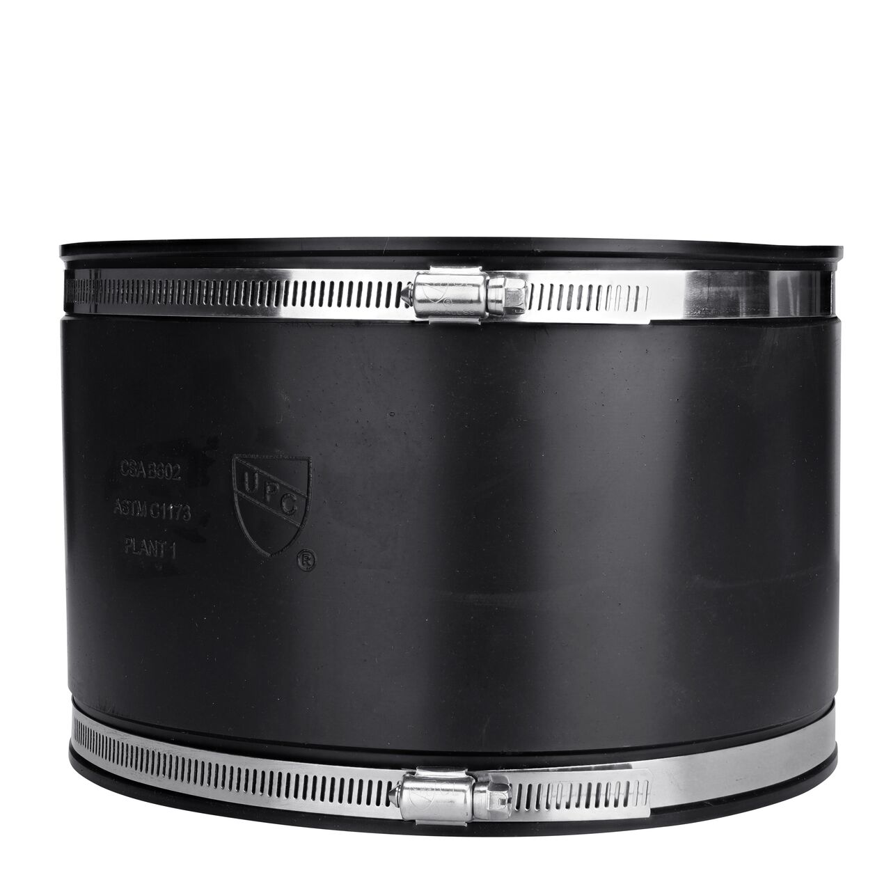 The NDS 8 in. flex coupling, in vertical position, connects two cast iron/sewer and drain or DWV/copper/steel/lead pipes and provides leak-resistant seals with virtually any pipe (NDS 56-88)