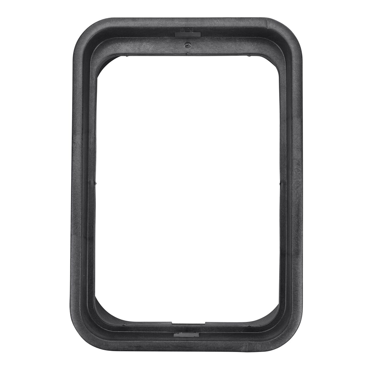 Top down view of the inside of the durable Black plastic 13 X 20 in. Rectangular Standard Series Valve Jumbo Box (NDS 117B) showing bolt hole, and how the valve cover is secured to the valve box