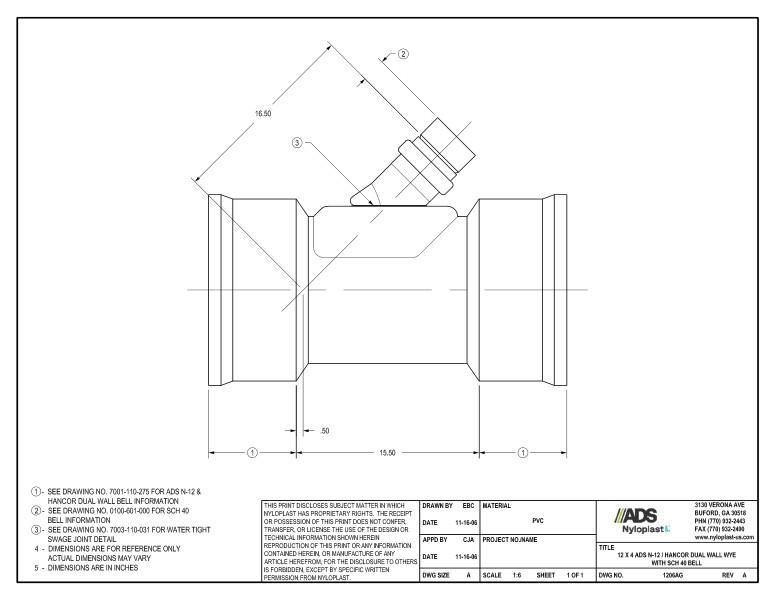 12 x 4 N-12 Dual Wall Wye with SCH 40 Bell Nyloplast Detail
