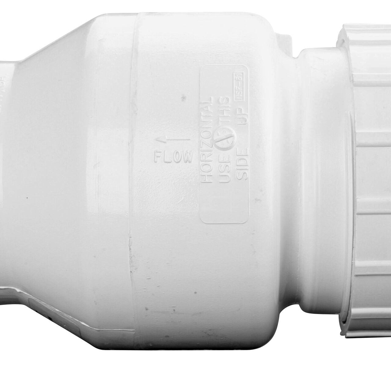 Closeup of the arrow showing water flow direction on the NDS White 3 in. IPS leak resistant PVC True Union Swing Check Valve (NDS  1720-30)