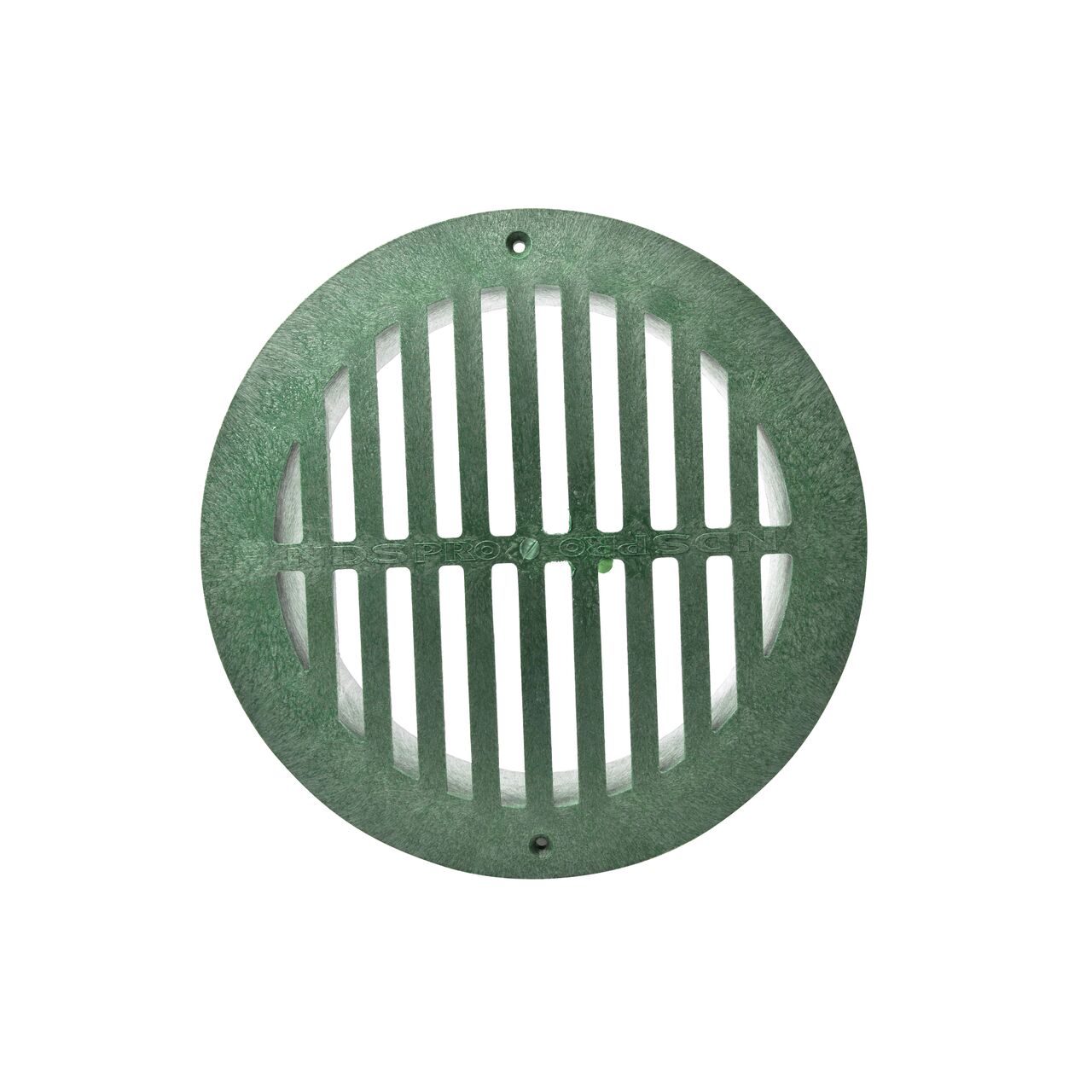 Top-down view of the NDS 12 in. Round Grate, made of green plastic (NDS 1250)