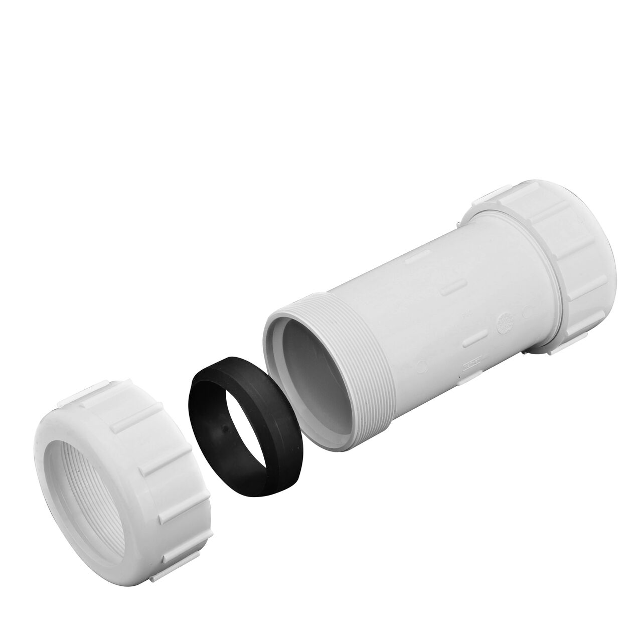 One unassembled end and one assembled end on the PVC Compression Coupling 3 in. IPS UC showing the Santoprene gasket and adjustable nut that tightens and secures to pipes providing a leak-resistant connection (NDS CPC-3000)