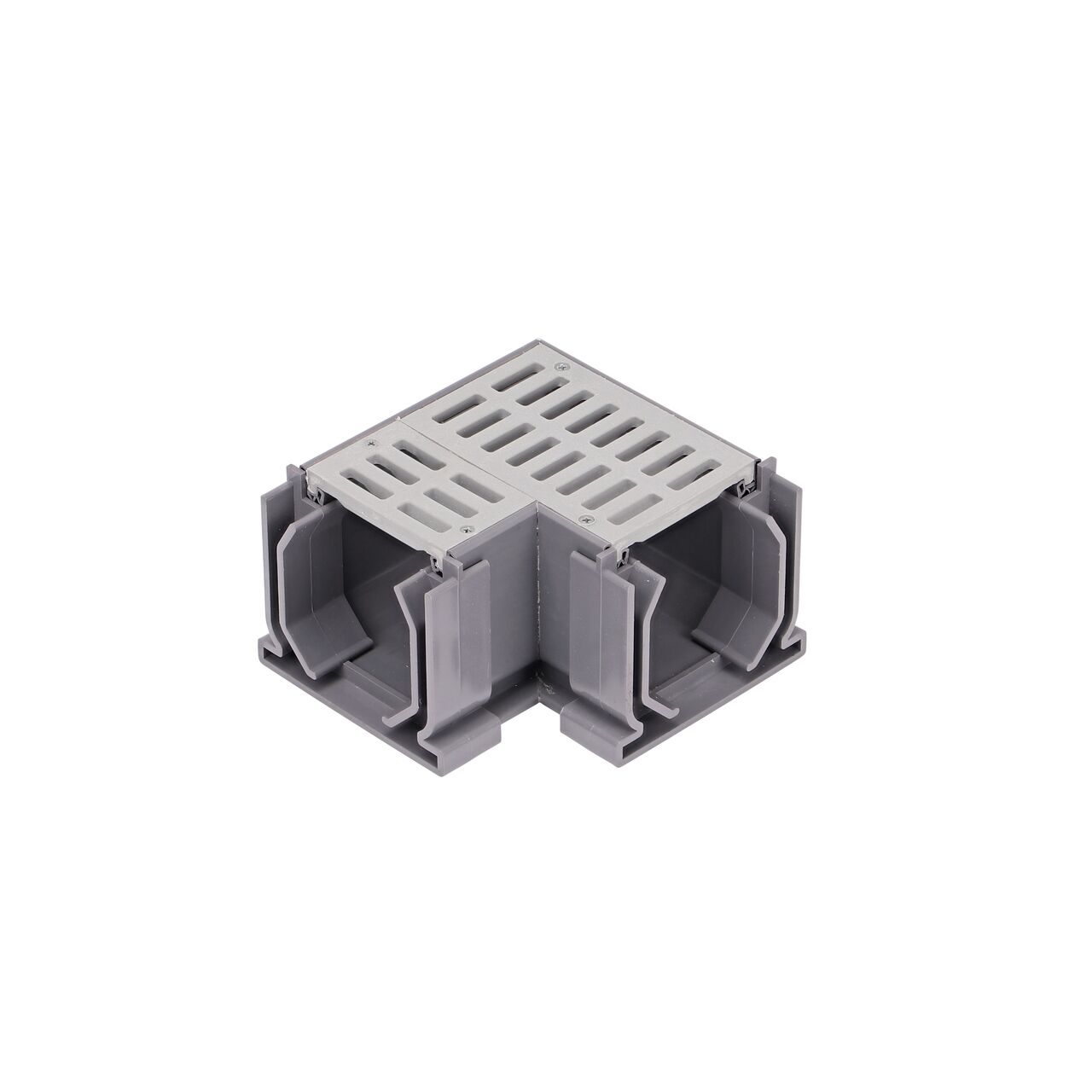 Installation of couplers on either end of the NDS Gray Mini Channel™ Drain 90° Elbow and Grate (NDS 5380)