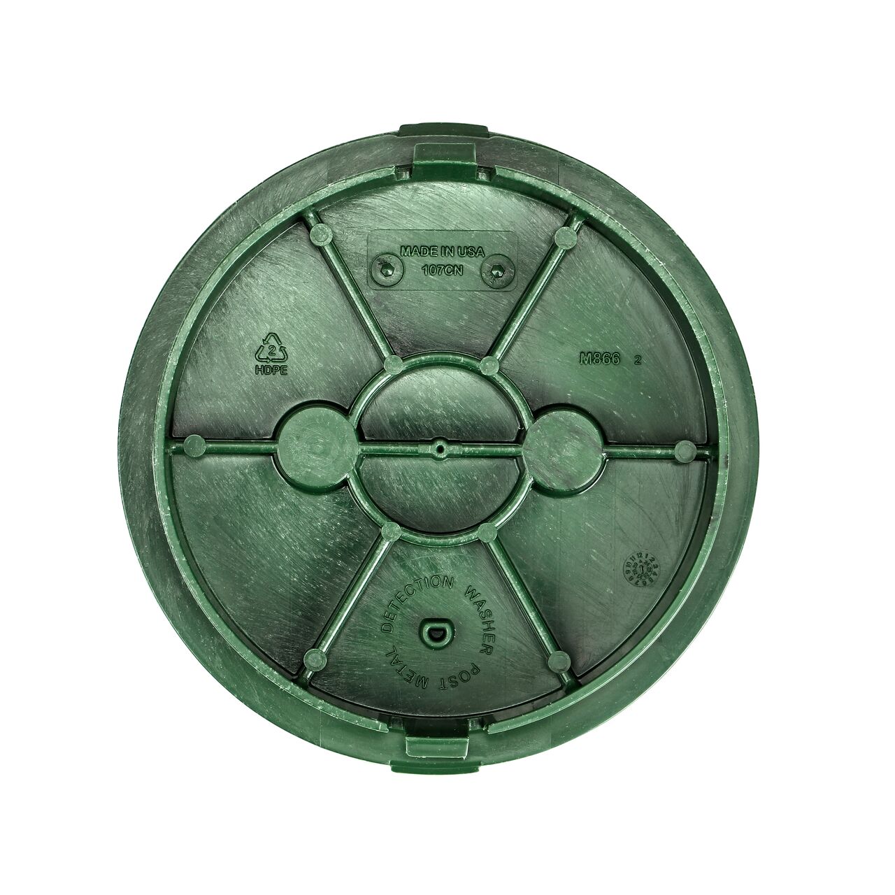 Top down view of the underside of the Green Irrigation Control Valve cover (NDS 2107C) for the NDS 6 in. Round Standard Series valve box showing reinforcing ribs that help support pedestrian and lawn care equipment