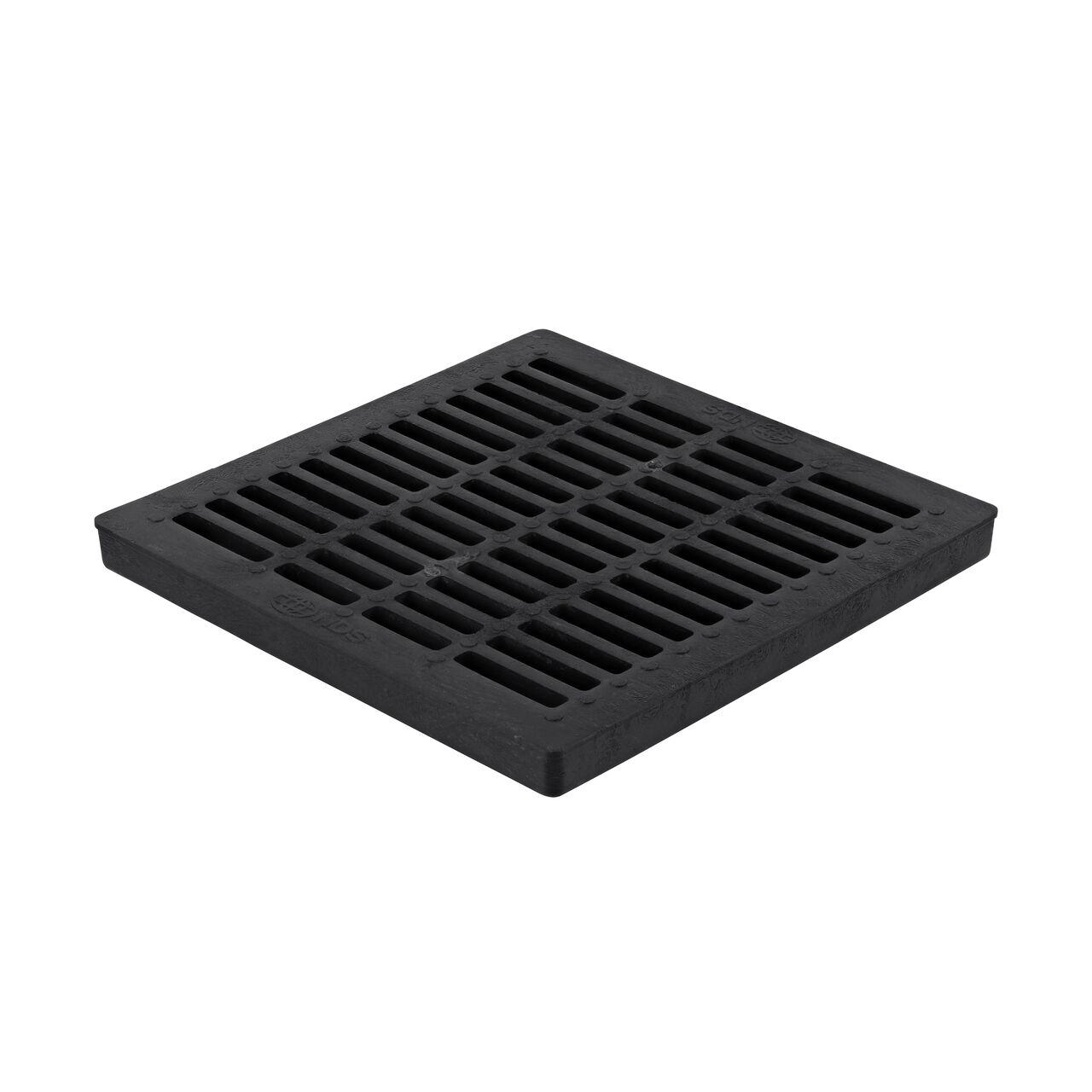 Hero shot of 24 in. Square Catch Basin Drain Grate, Black Plastic (NDS 2411) which sits on 24 in. catch basin (NDS 2400) and drains water as it blocks pipe-clogging debris