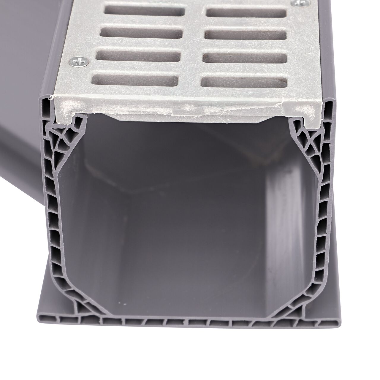 Closeup of the top of the opening showing the grate design of the NDS Gray Mini Channel™ Drain 45 Degree Elbow and Grate (NDS 5300)