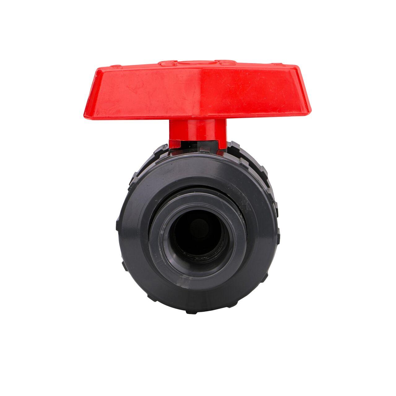 The 3/4 in. PVC Slip & Threaded True Union Ball Valve (NDS BTU-0750-E) shown with the connection end attached with the handle in the closed position to show how ball valve provides a shut off point in the system