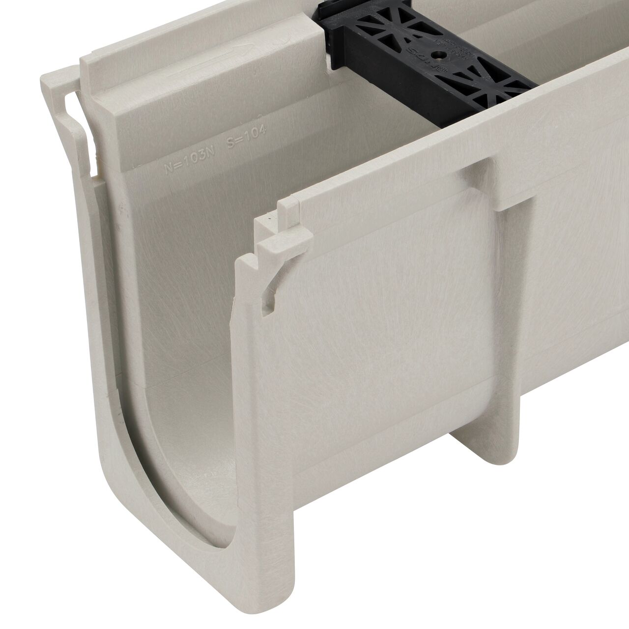 Closeup view of the Dura Slope Neutral Channel Drain, 8.37 in. Deep, with groove joints facing camera (NDS DS-103N)